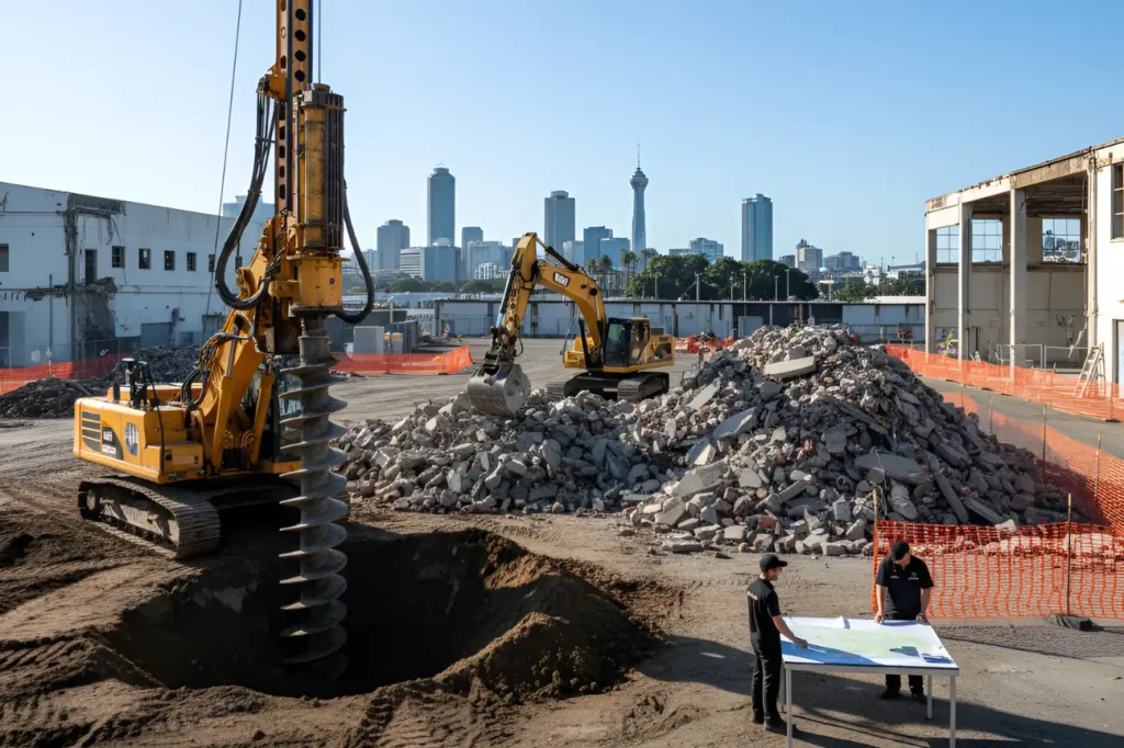 Safe demolition and site clearance with auger support by Auger Hole Drilling Auckland.