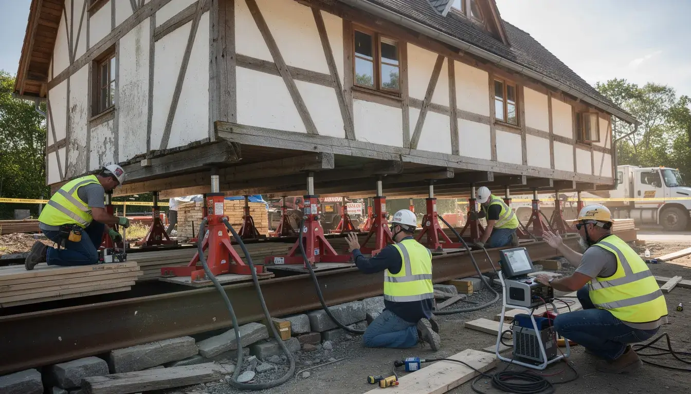 Professional team using hydraulic jacks for house releveling and earthworks Auckland services to repair foundations.