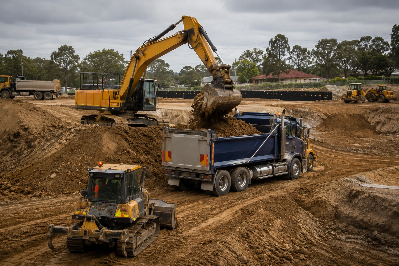 Commercial Earthworks West Auckland excavation project with excavators and dump trucks preparing a large commercial construction site.