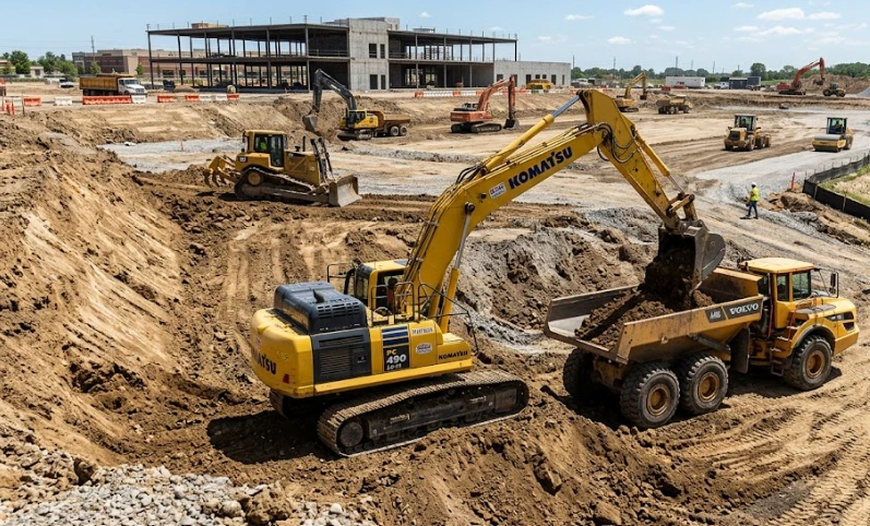 Commercial Earthworks West Auckland project featuring heavy machinery carrying out excavation and site preparation.