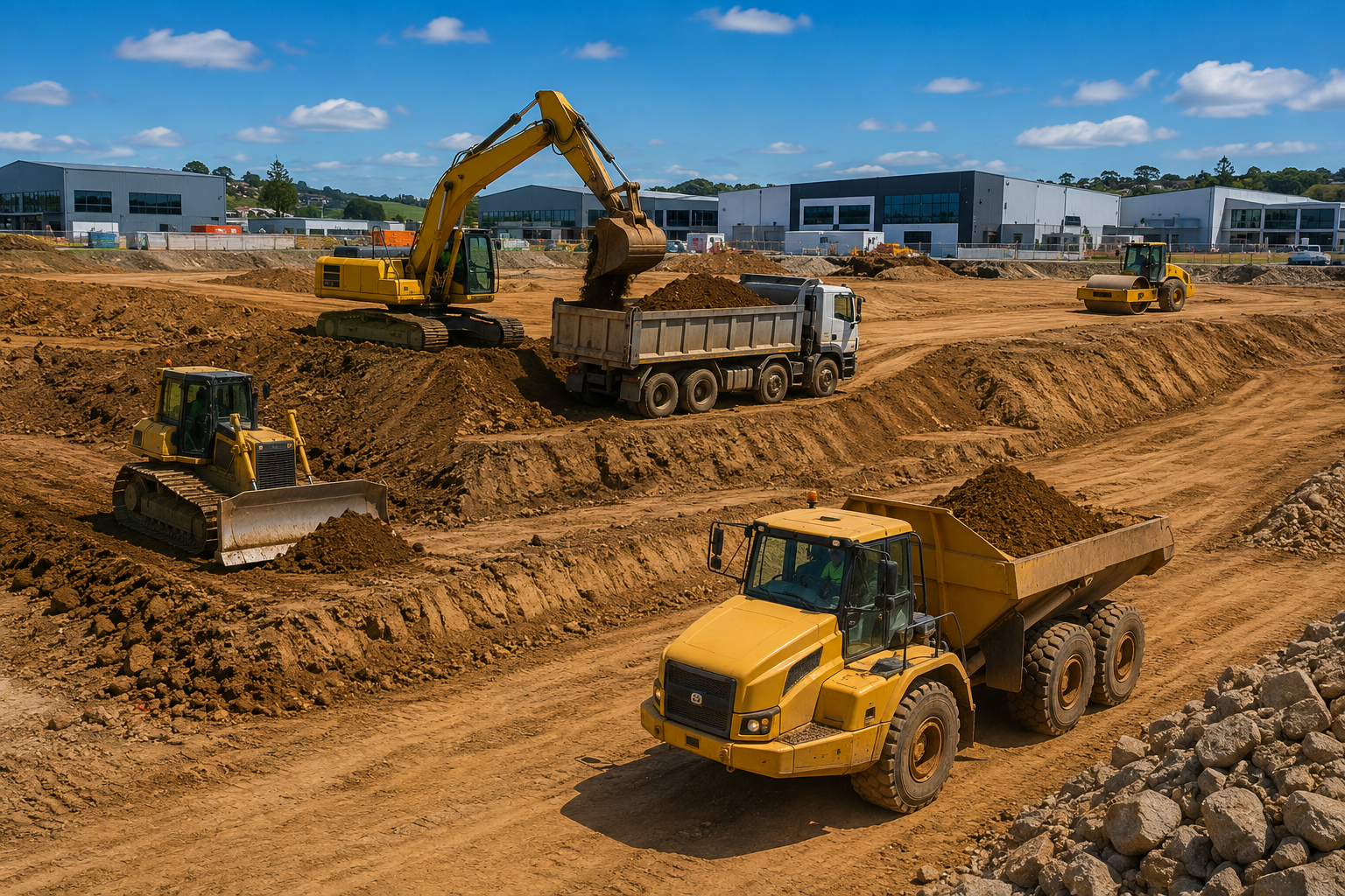 Earthworks North Auckland commercial earthmoving project with excavators, dump trucks, and heavy machinery on a large construction site.