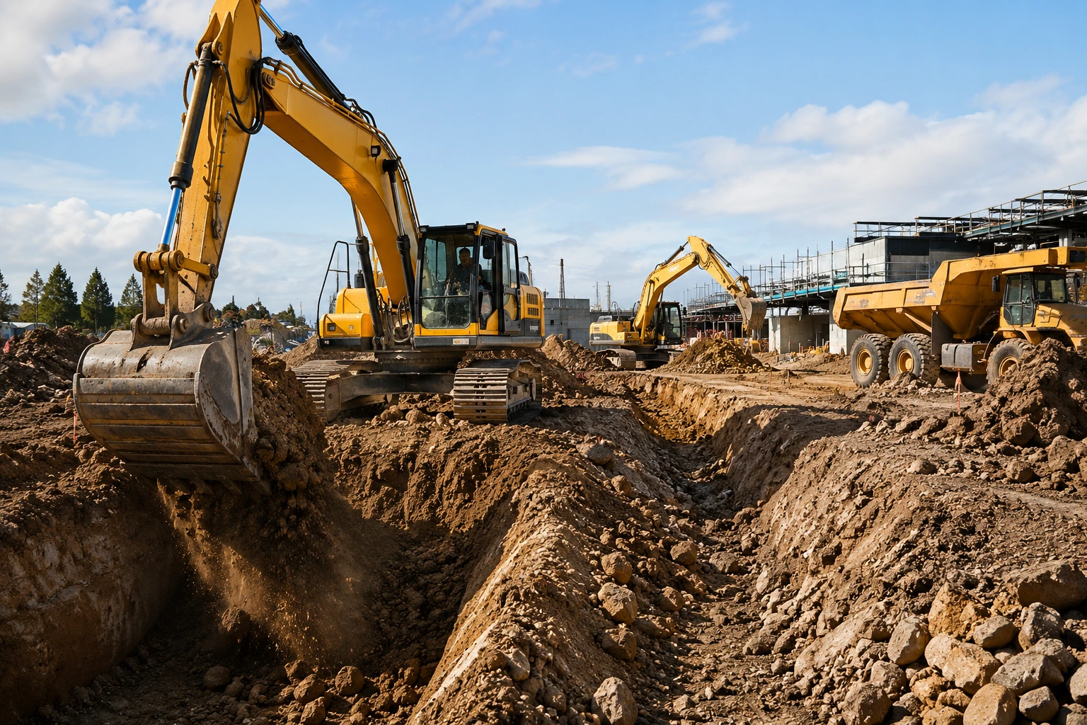 Under House Excavation Auckland 3 Commercial excavation services in West Auckland with excavators preparing a construction site for commercial development.