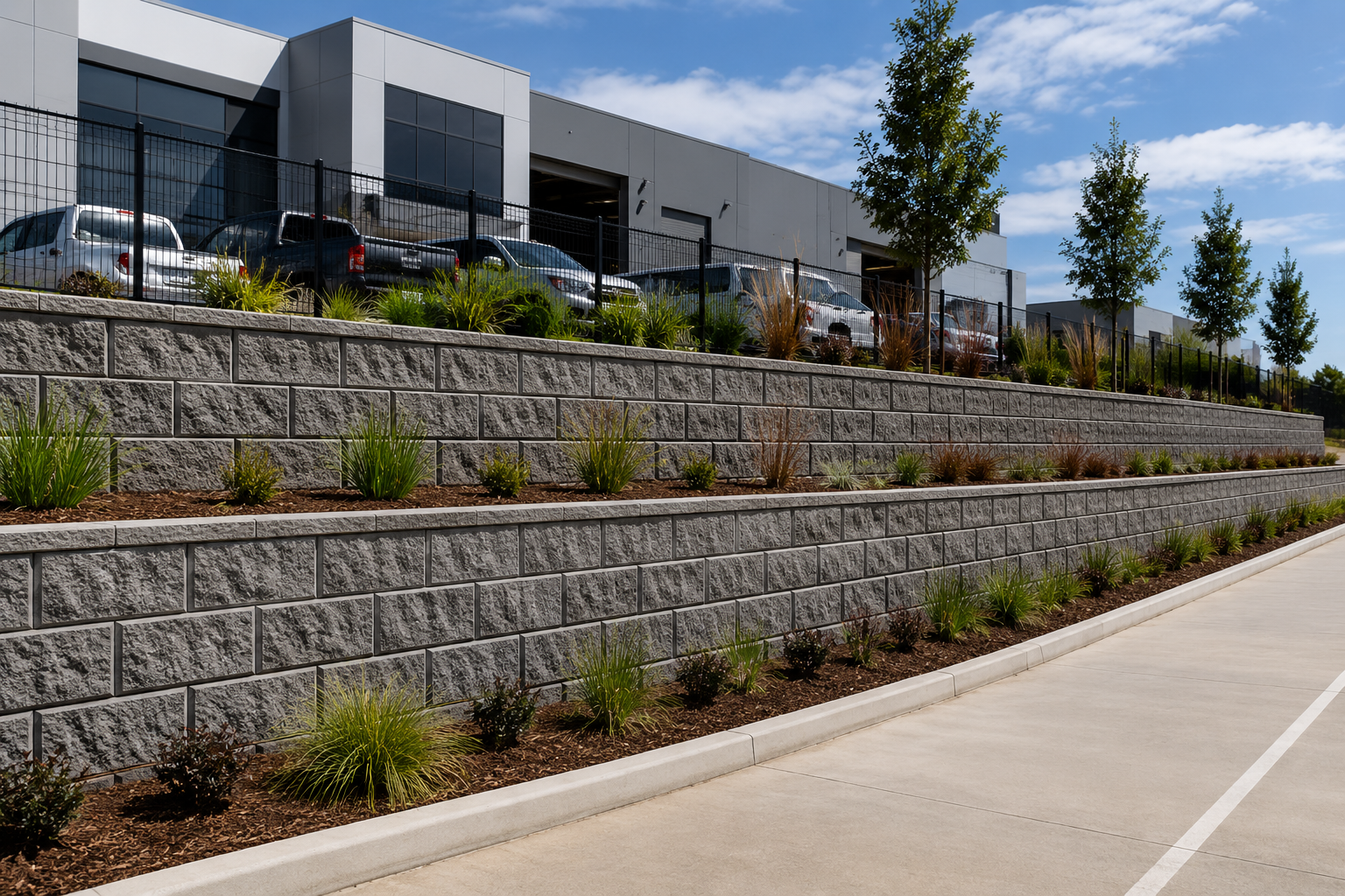 Retaining Walls North Shore 2 Retaining Walls North Shore commercial retaining wall supporting an industrial property with professional landscaping and structural stability