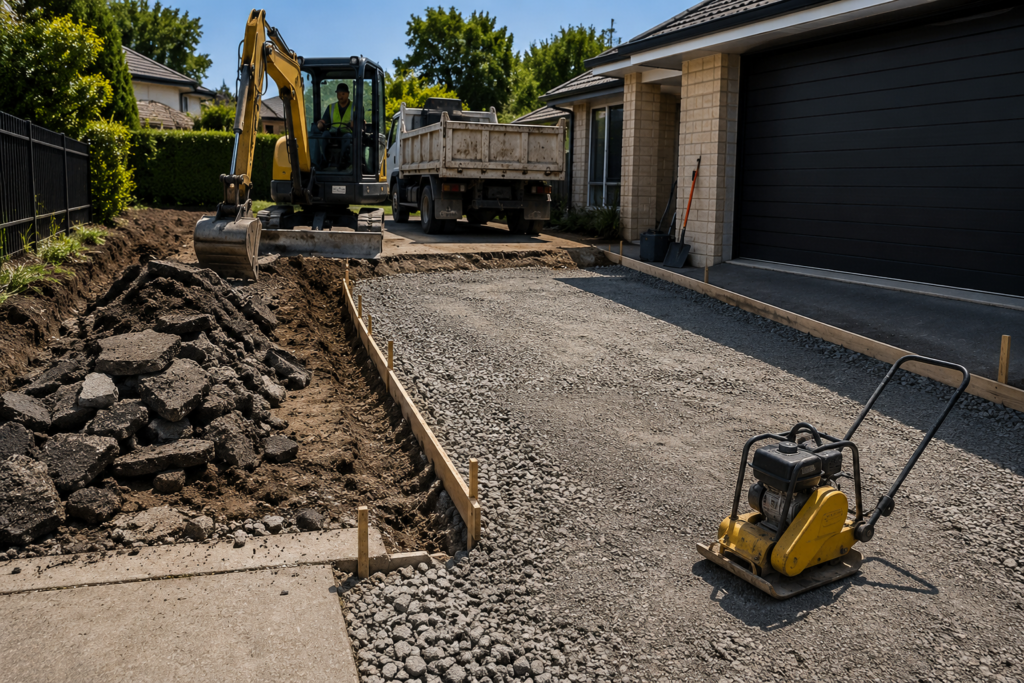 Driveway Excavation Auckland complete groundwork services with excavation, base preparation, and compaction for a new driveway