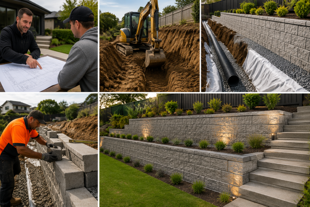 Retaining Walls North Shore 6 Retaining Walls North Shore project showing excavation, drainage installation, retaining wall construction, and completed landscaped retaining wall.