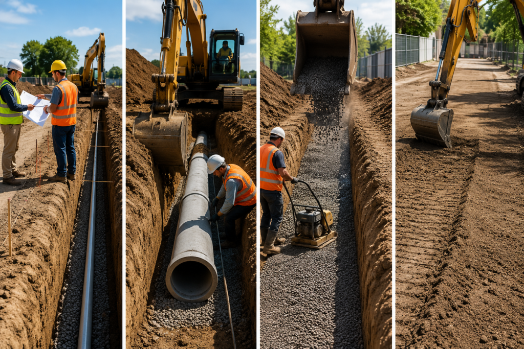 Trenching Services Auckland project showing planning, trench excavation, pipe installation, backfilling, compaction, and final site restoration