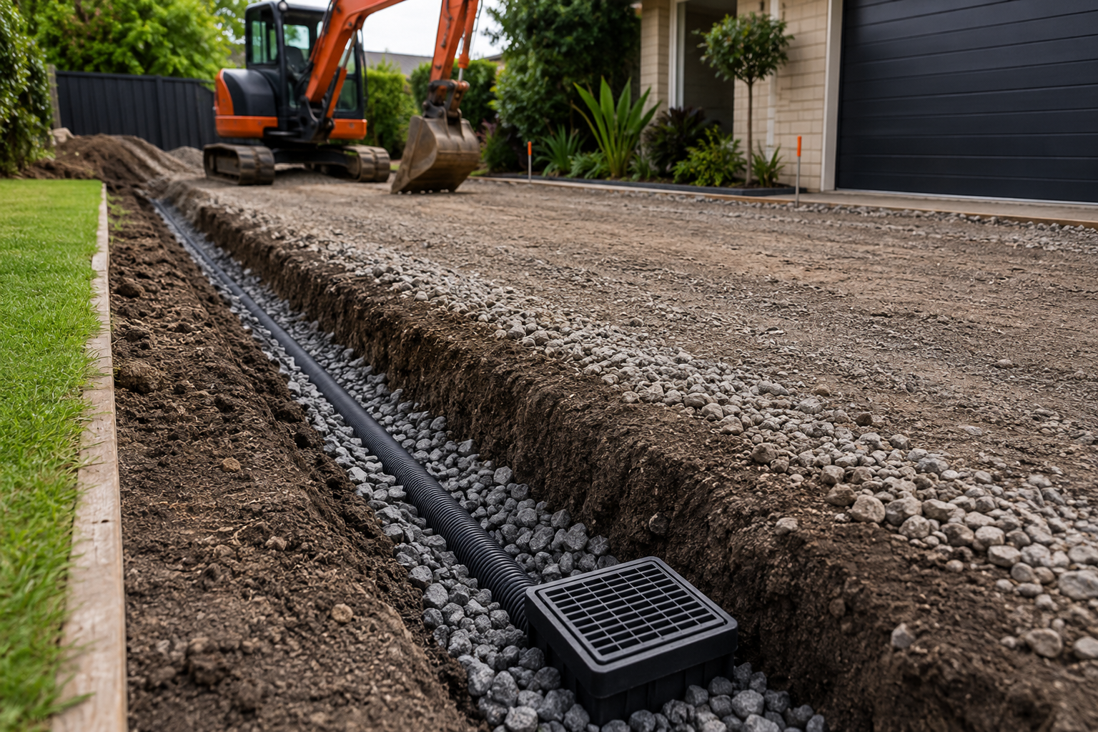 Driveway Excavation Auckland drainage and foundation preparation with trenching, grading, and stormwater drainage installation