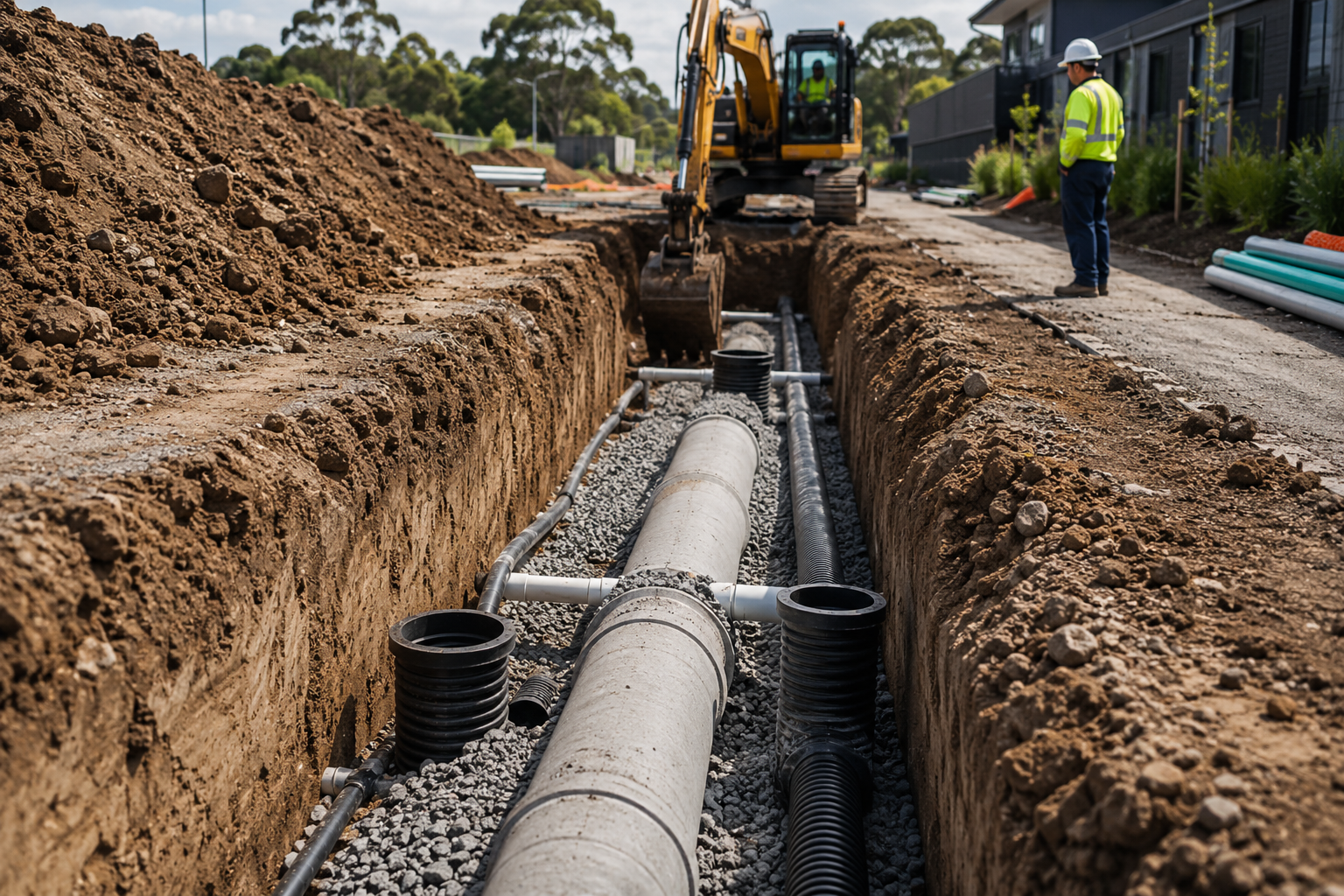 Trenching Services Auckland drainage pipeline installation with precision trench excavation for stormwater, wastewater, and underground utilities.
