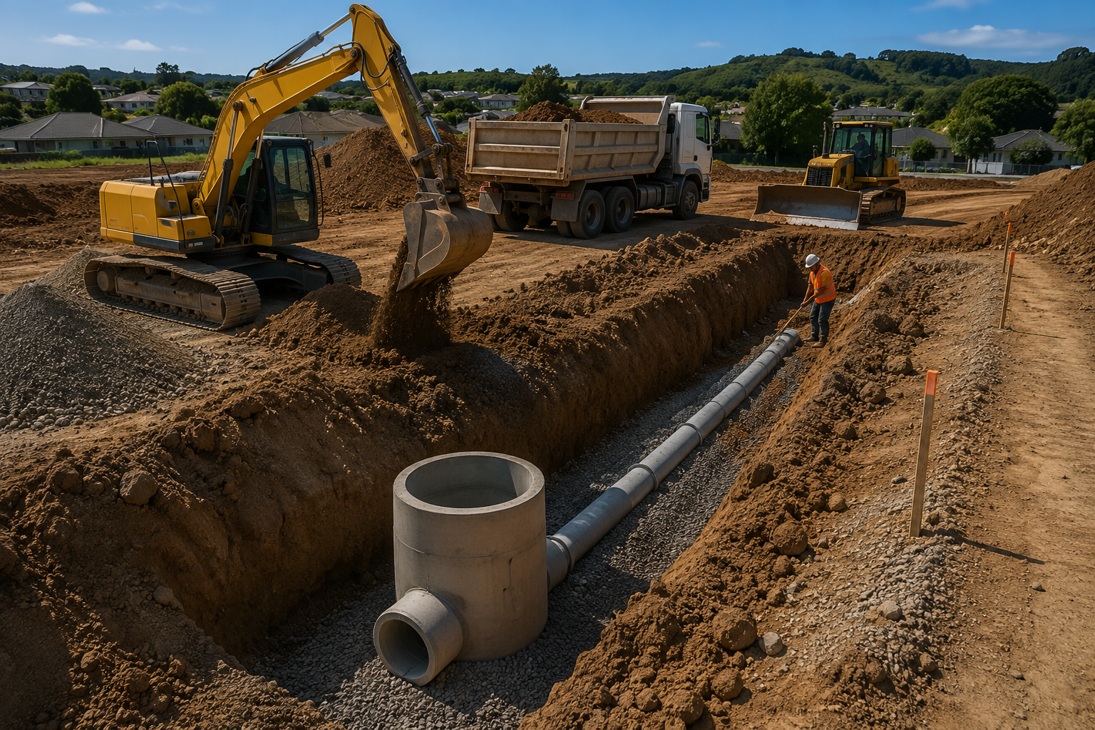 Earthworks North Auckland drainage trenching project with underground drainage installation and excavation for effective site water management.