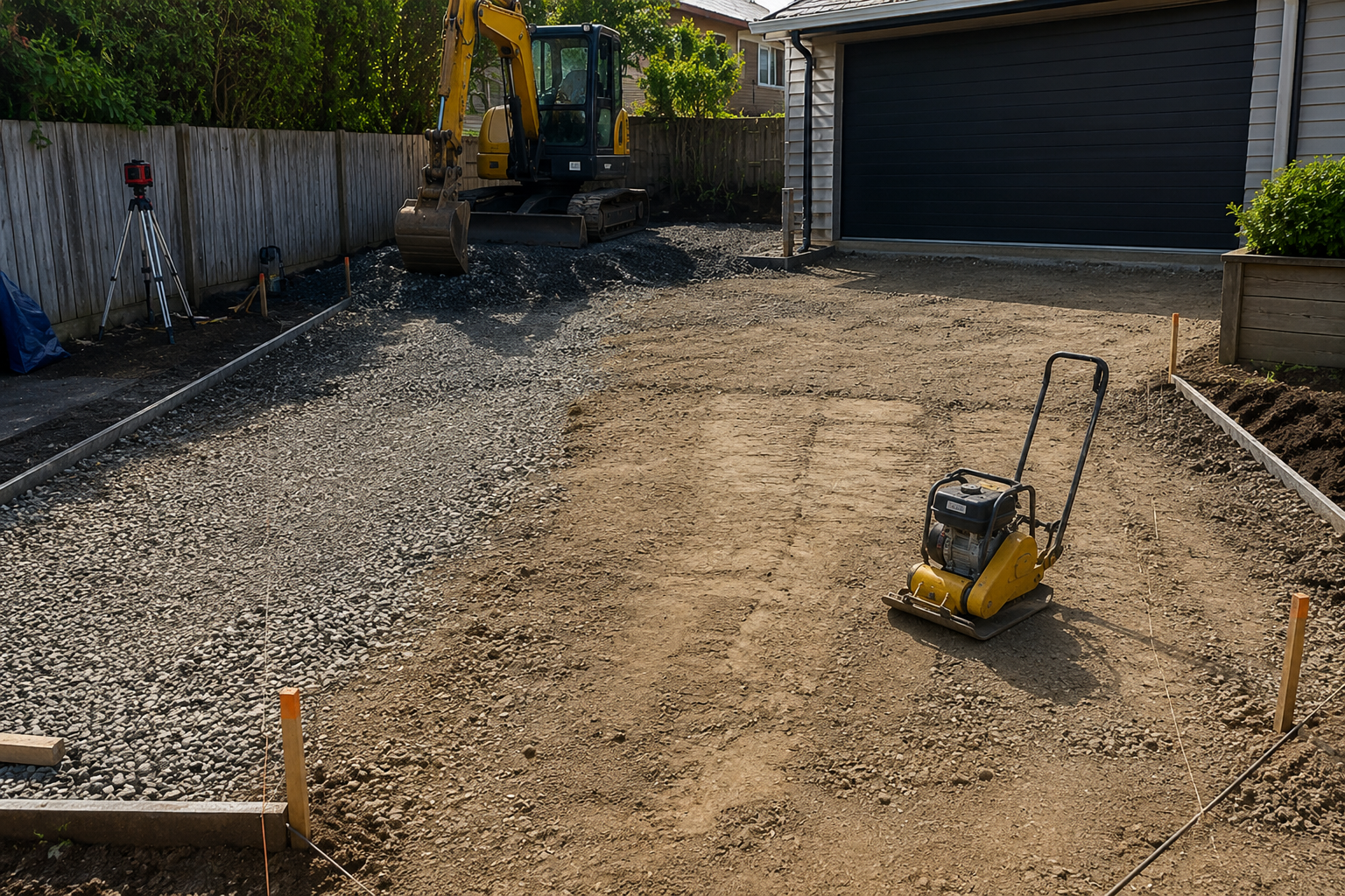 Driveway Excavation Auckland residential driveway preparation with excavator performing site levelling and base preparation