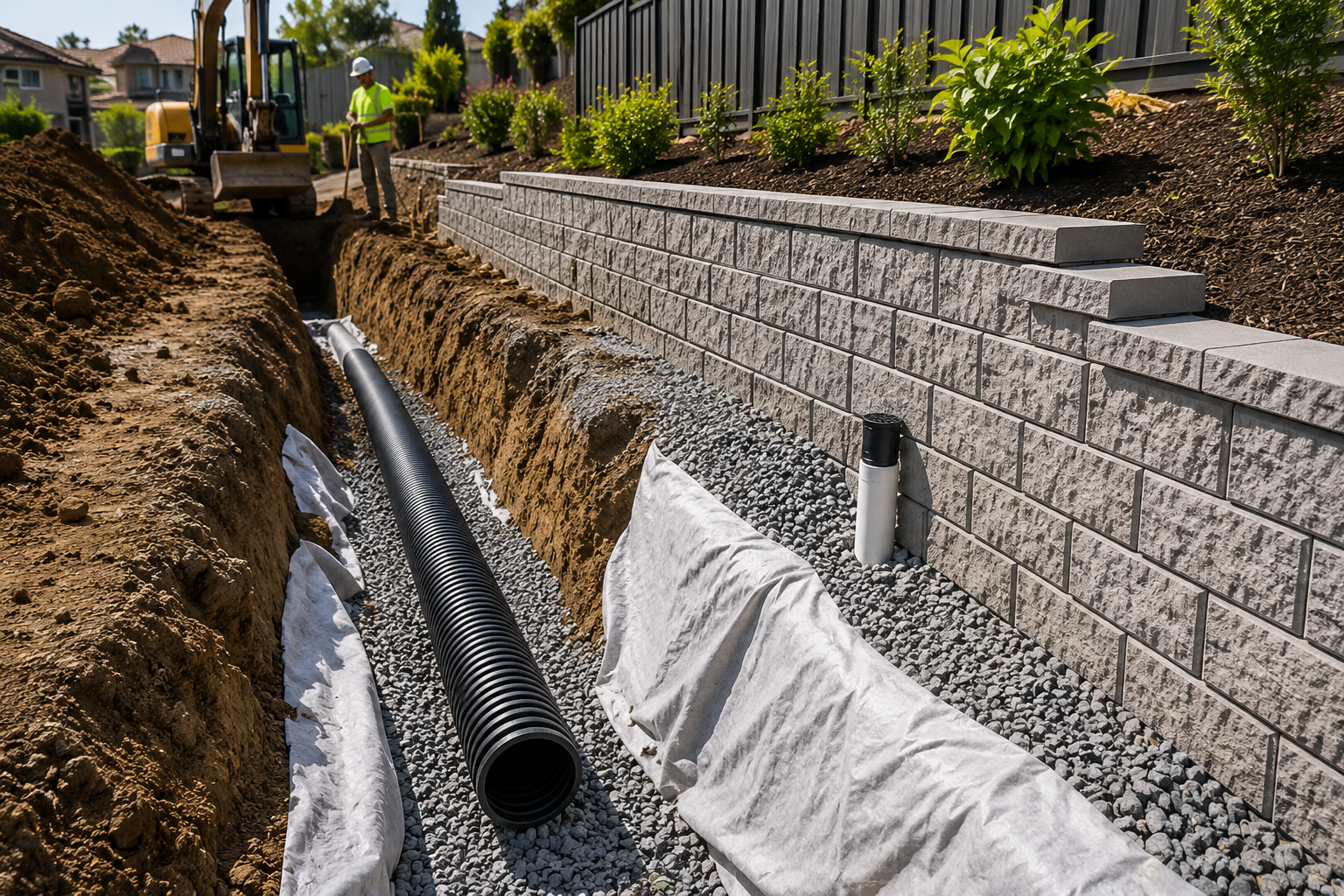 Retaining Walls North Shore 5 Retaining Walls North Shore excavation and drainage installation with trenching, drainage pipe placement, and retaining wall foundation preparation.