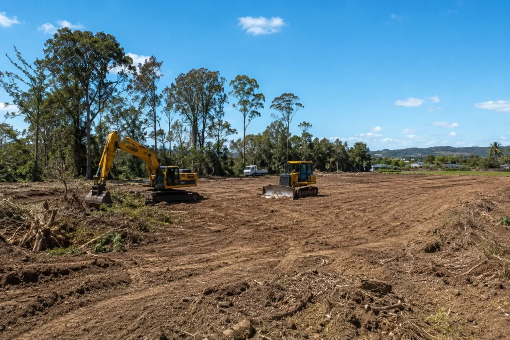 Commercial Earthworks West Auckland land clearing and site development using heavy machinery for commercial construction.
