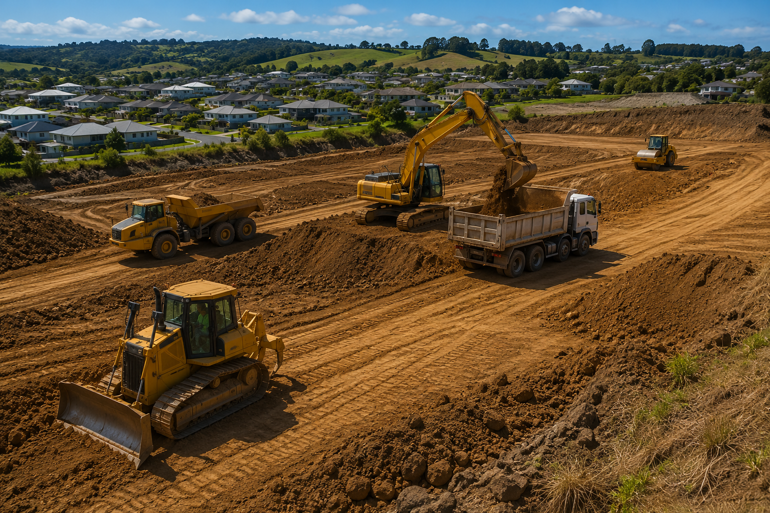 Earthworks North Auckland land development services with excavators, bulldozers, and earthmoving equipment preparing a construction site