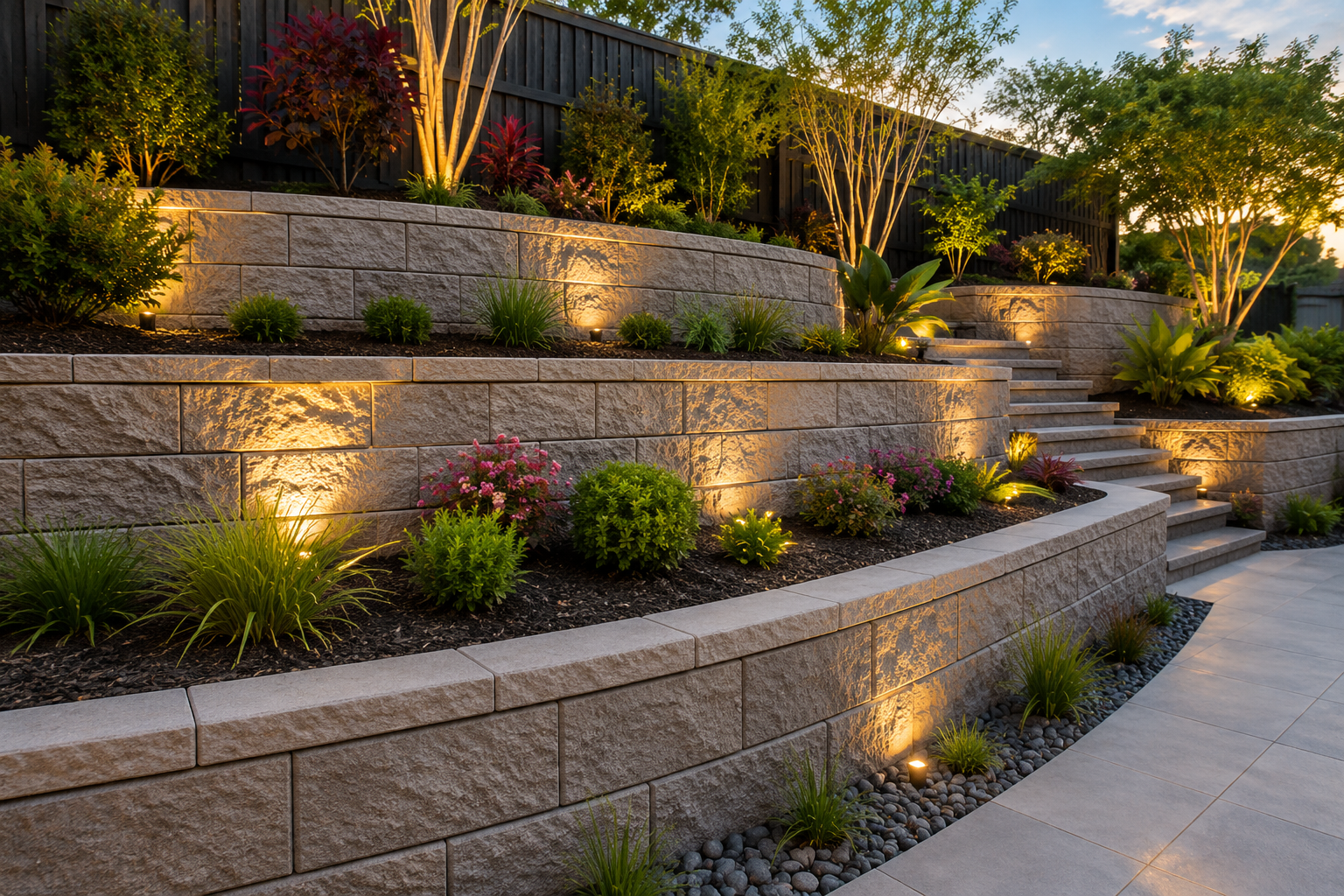 Retaining Walls North Shore 4 Retaining Walls North Shore landscape retaining wall with terraced garden, premium landscaping, and professional retaining wall construction.