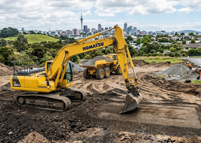 Driveway Excavation Auckland for residential driveway site preparation using an excavator and earthmoving equipment