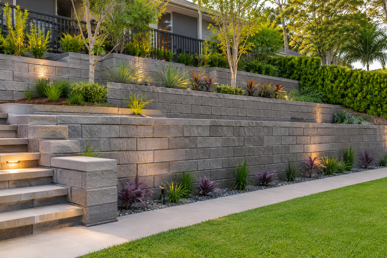 Retaining Walls North Shore 1 Retaining Walls North Shore residential retaining wall with landscaped garden, structural support, and professional retaining wall construction.