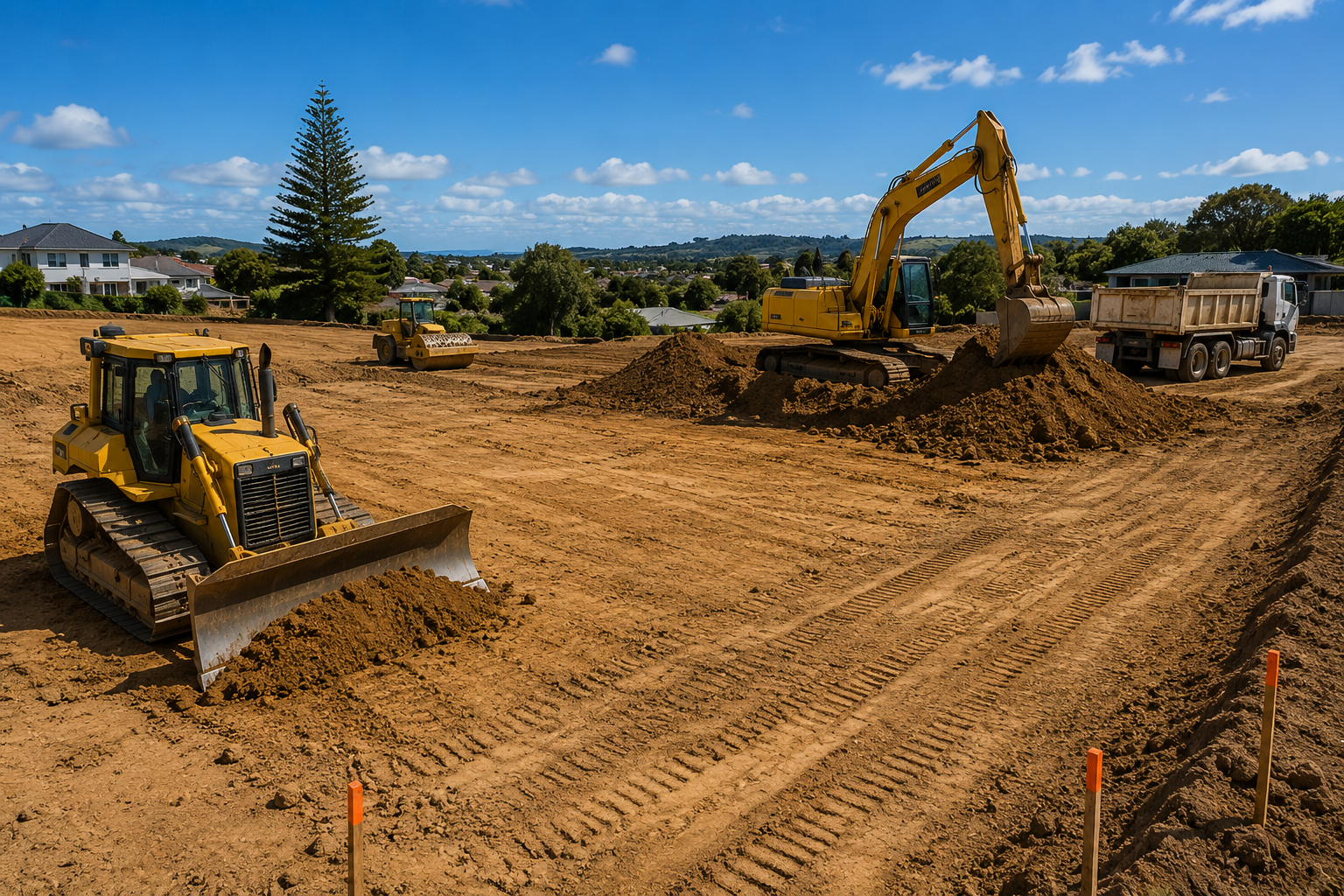Earthworks North Auckland site preparation with bulldozers, excavators, and ground levelling for residential construction