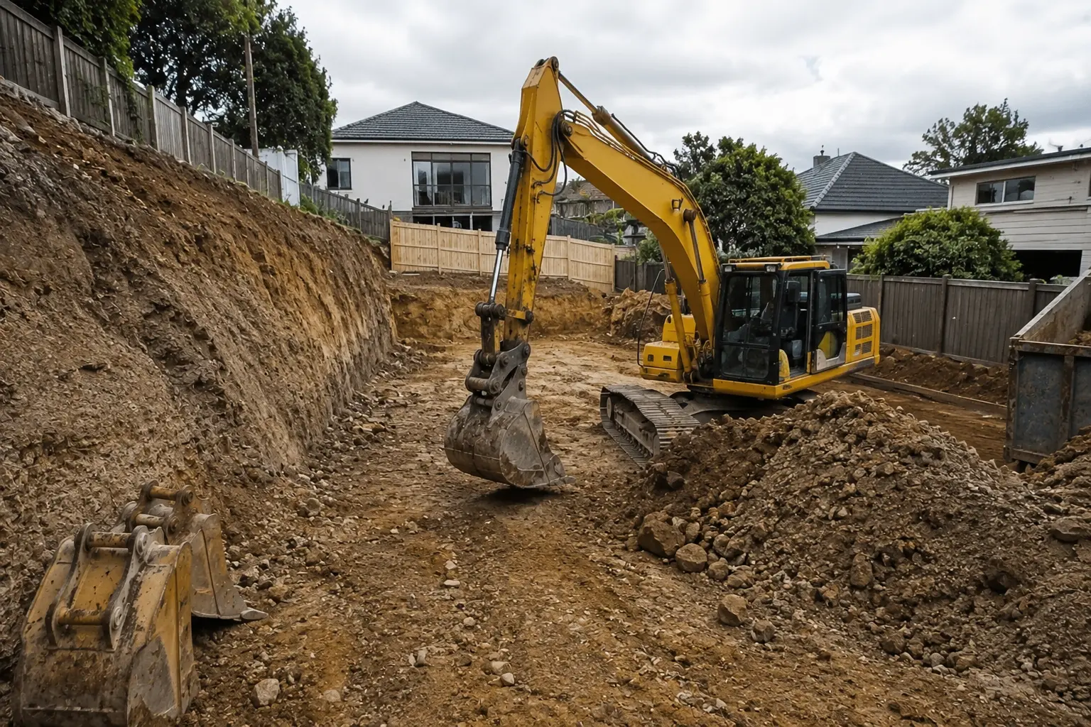 Residential site excavation in Auckland with an excavator preparing land for a new home construction project.