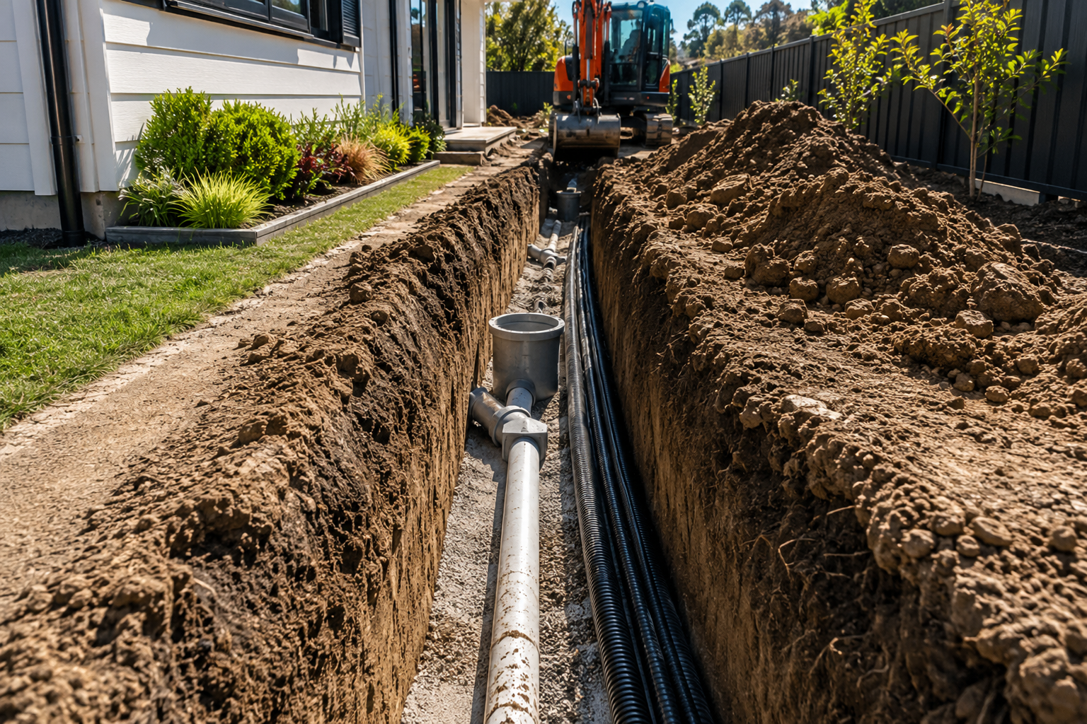 Trenching Services Auckland residential trench excavation with underground utility installation and precision drainage trenching.