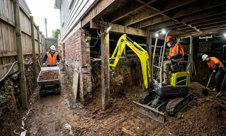 Under House Excavation Auckland 5 Under House Excavation Auckland subfloor drainage and waterproofing preparation beneath an existing home.
