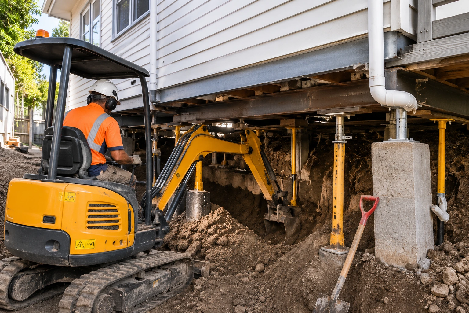 Under House Excavation Auckland 2 Under House Excavation Auckland project using a mini excavator beneath a raised home for basement conversion and foundation excavation.