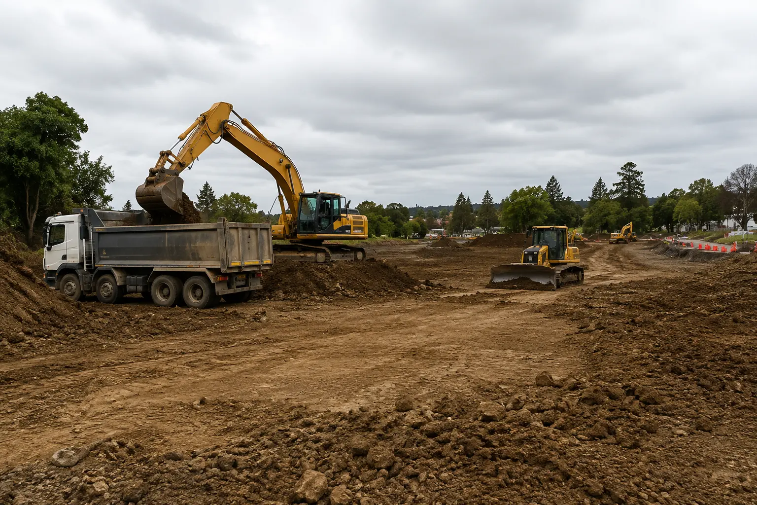 Bulk earthmoving project in Auckland with excavators and dump trucks performing large-scale excavation and site levelling