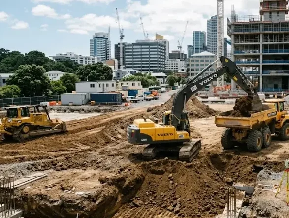 A busy construction site in Auckland with workers and heavy machinery, showcasing the commercial project for which clients seek excavation quotes auckland