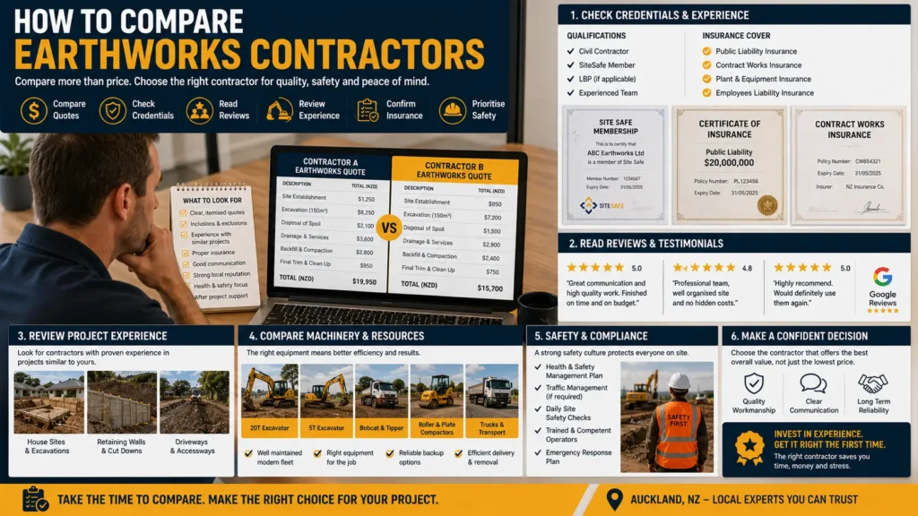 Comparing Auckland earthworks contractors using quotes, experience, and reviews.