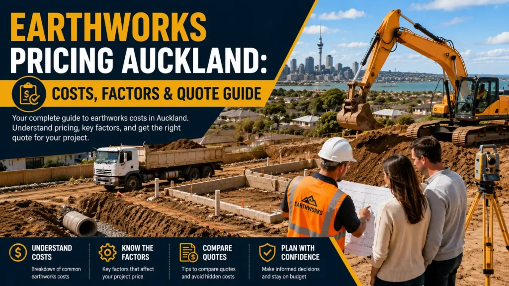 Earthworks contractor preparing a residential building site in Auckland with excavator and project manager discussing project costs.