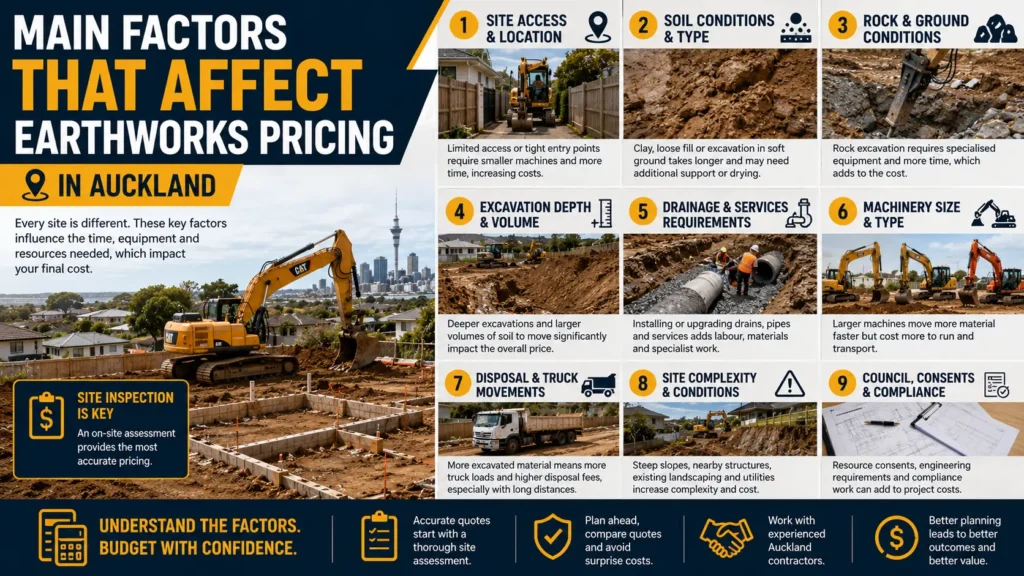Factors influencing earthworks pricing including access, soil, drainage, and machinery.