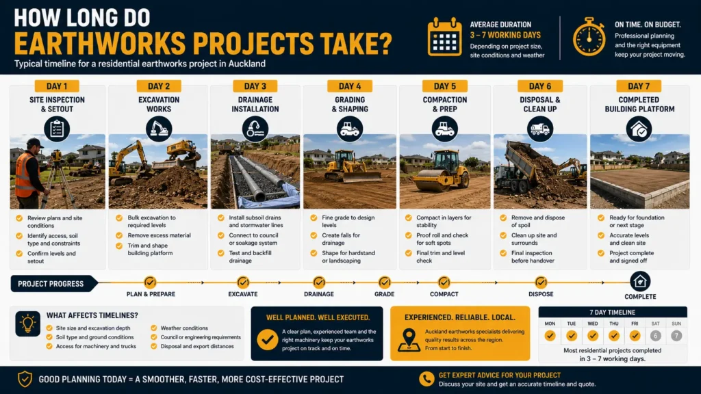 Timeline showing the stages of a residential earthworks project in Auckland.