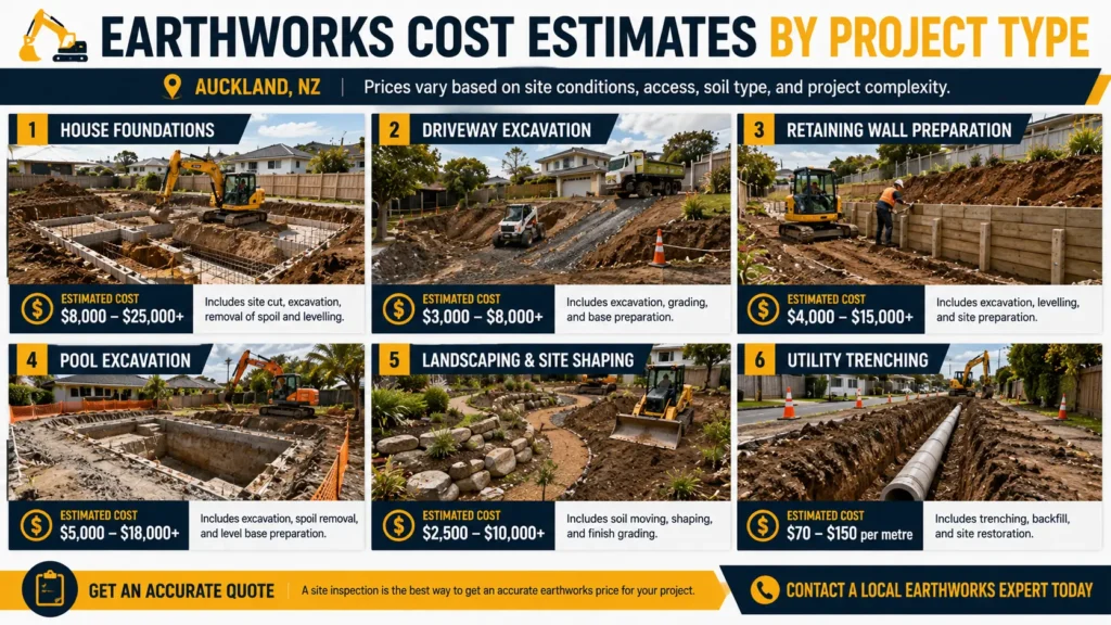 Different residential earthworks projects including foundations, driveways, retaining walls, and pools.