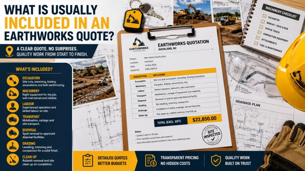 Detailed earthworks quote showing excavation services and project inclusions.