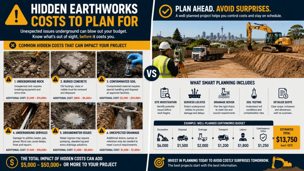 Hidden earthworks costs caused by rock excavation, utilities, and contaminated soil.