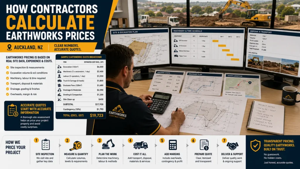Earthworks contractor calculating excavation pricing using site plans and project measurements.