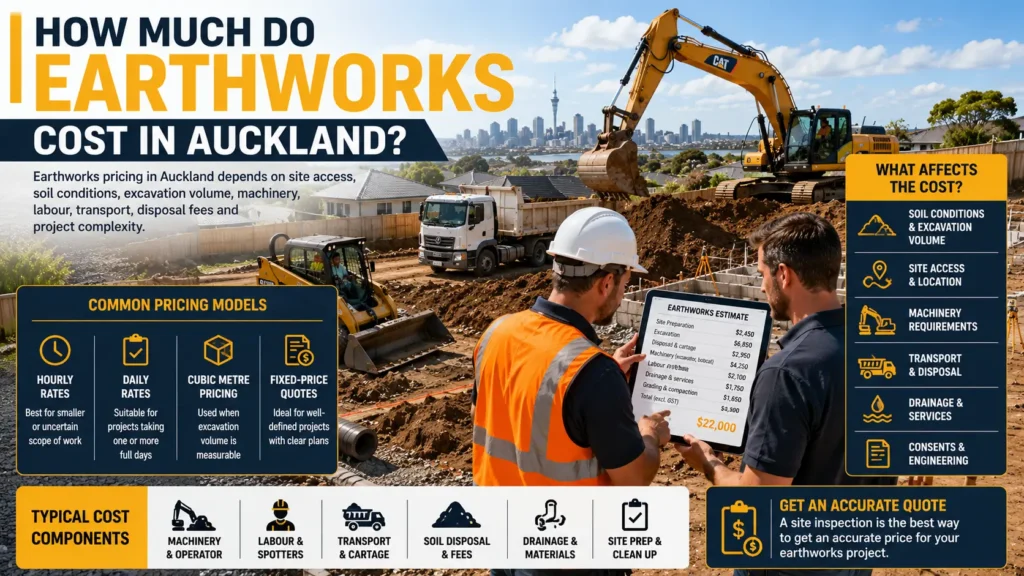 Residential earthworks pricing estimate with excavator and contractor in Auckland.