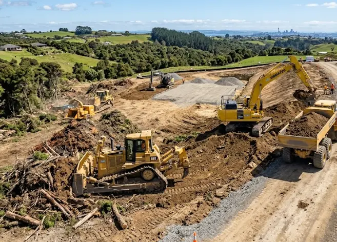 Excavation Quotes Auckland for professional land clearing and site preparation using excavators on a construction site