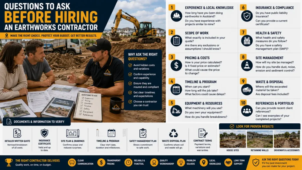 Homeowner discussing important questions with an Auckland earthworks contractor.
