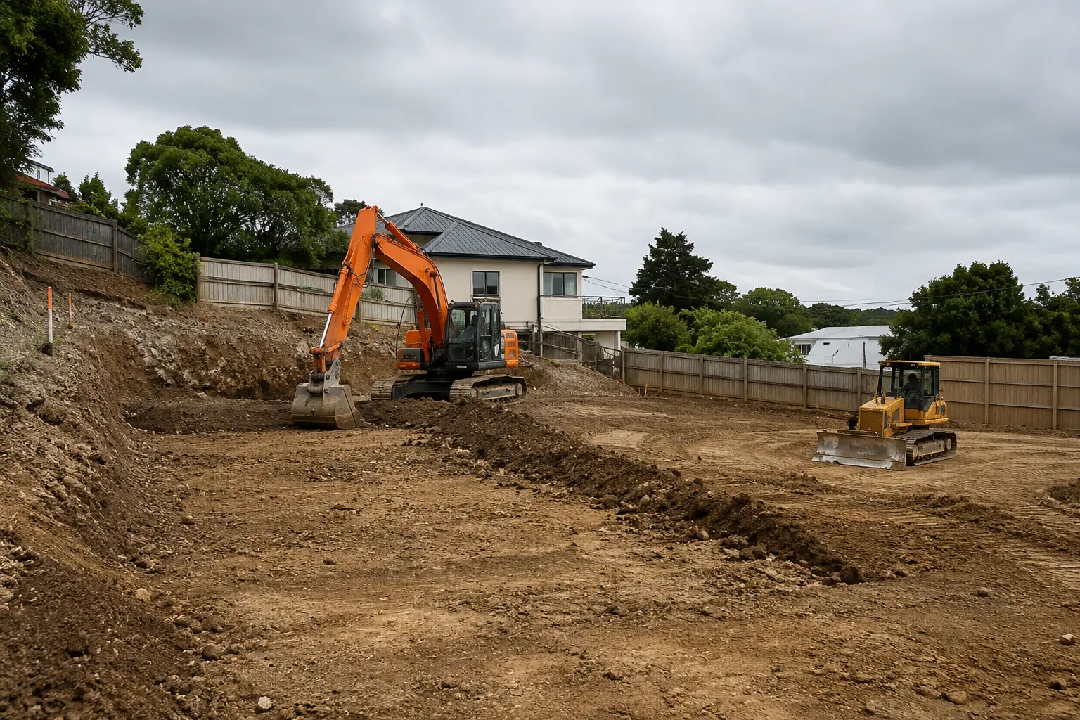 Site preparation in Auckland with excavators grading land and preparing foundations for residential construction.