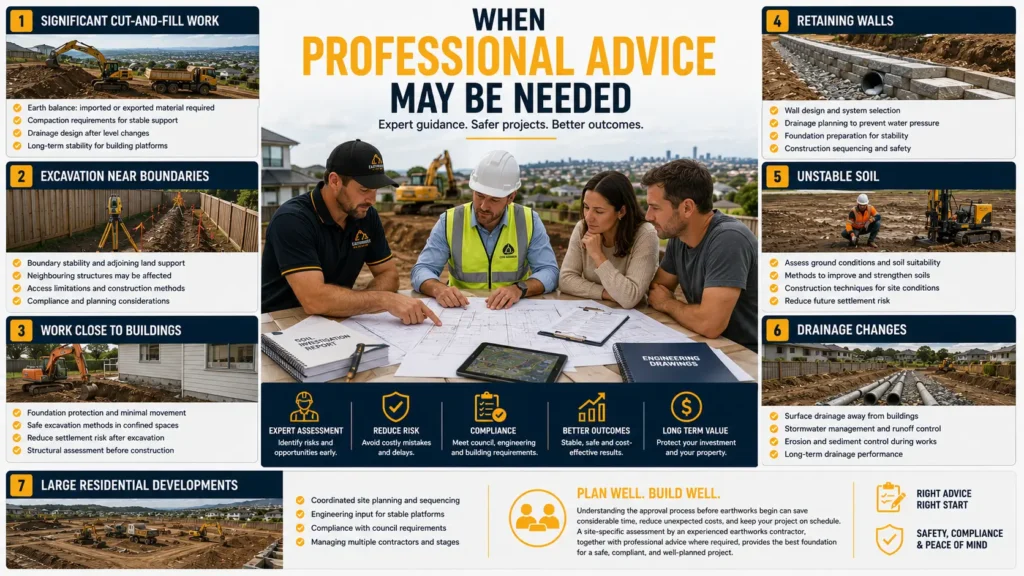 Experienced Auckland earthworks contractor and engineer reviewing excavation plans, drainage, retaining walls, soil conditions, and site compliance before residential construction.